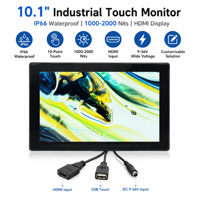 10.1 polegada Industrial Touch Monitor IP66 impermeável Alto brilho 1000-2000 Nits HDMI LCD Display
