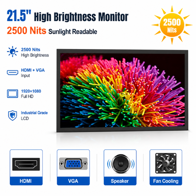 21.5 polegadas 2500 Nits Alto brilho LCD Monitor Luz solar Display industrial legível HDMI VGA Open Frame Monitor